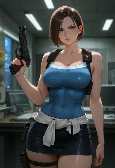 masterpiece, best quality, absurdres, newest, highres, very aesthetic, 1girl, solo, mature female, adult, jill valentine, (resident evil), (jill valentine, (resident evil), , :1.2), resident evil 3, brown hair, short hair, blue eyes, beautiful detailed eyes, athletic, medium breasts, toned abs, narrow waist, blue tank top, sleeveless, black miniskirt, short skirt, thigh holster, gun holster, holding gun, handgun, pistol, standing, looking at viewer, serious expression, confident, police station, raccoon city police department, rpd lobby, office interior, desks, dim lighting, emergency lights, detailed background, cinematic lighting, rim light, depth of field, detailed face, detailed hands, intricate details