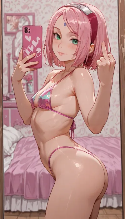 BEST quality, ((((((slutty kawaii costume)))))), sakura_haruno from naruto, petite, flat breasts, arrow butt, petite hips, ((((sorority bedroom)))), ((side view, arched back)), (((happy mirror selfie))), ((middle finger)), iridescent slingshot bikini, ((porn)), <lora:LCMTurboMix_Euler_A_fix:2>, <lora:add-detail-xl:2>