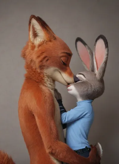 (Furry, Judy Hopps from "Zootopia":1.7), (Furry, Nick Wilde from "Zootopia":1.7), ((Disney)), kissing, cuddling.