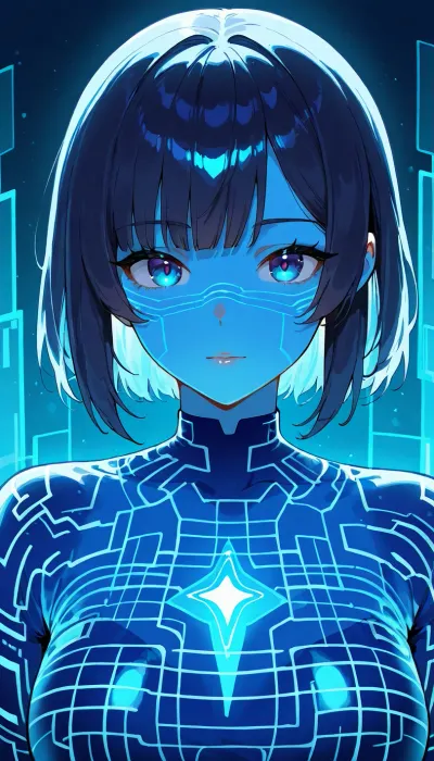 close view, accent to upper body, A hologram of a girl, semitransparent hologram, blue hologram, holotech, <lora:Holotech:.8>