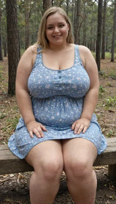 bbw girl, sitting, blonde, summer dress, sweaty body, happy smiling, woods, megachubsdxl, morbidly, obese, <lora:megachubsdxl_13:.1>, <lora:Sweaty_Realism_4-000006:.1>, <lora:milkers_v2:1.7>