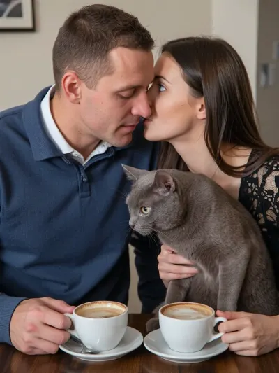 Я с любимой русской голубой кошку пьём кофе и текстура кошки натуральна и Слава пьём кофе, а русская голубая сидя цко в щёкумСлавуит ся и Славик чокаемся чашками а Котя смотрит нами