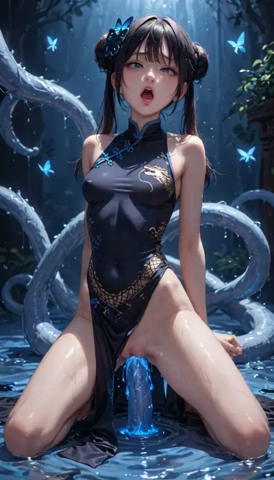 Ryuuge Kisaki, Blue Archives series, solo, black hair, (intense shocking orgasm face, mouth wide opened), screaming orgasm, kcndress, feixiao dress, china, hair ornament, blue butterfly ornament, chinese clothes, bare feet, kneeling, lifting dress, shaved pussy exposed, 1big penis tentacle is penetrating vagina, blue glowing monster penis emerging from slime, penis in vagina, (big thick penis), vagina stretched, vaginal penetration, exaggerated squirting, blue glowing slimy liquid environment, blue glowing gooey slime leaking, blue glowing slime waterfall, tentacles, <lora:kcndress_SDXL_reg1_:.8>, <lora:feixiaox_xl:.8>, <lora:Glowing_beach:.8>, <lora:Blue_Slime-000005:.8>, <lora:MS_Real_XL_Tentacles:.8>
