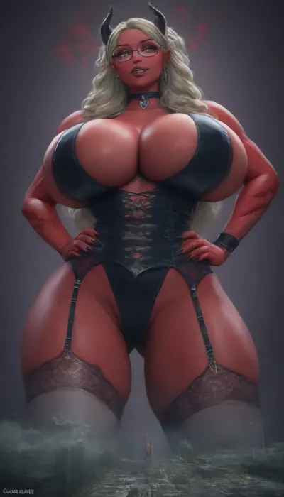 (sexy nymphomaniac woman in striking poses:1.3), (sexy woman:1.3), (Caucasian appearance:1.5), (((50-year-old giantess with red skin and devilish features))), (demonic aura:1.4), (massive hourglass-shaped giantess figure:1.5), ((blonde hair)), very fat woman, fat buttocks, thick thighs, sexy long hairstyle, large sagging breasts, (very sexy outfit:1.3), (detailed outfit:1.5), (extremely provocative, lewd devilish outfit:1.4), garter belt, gloves, (stockings), choker, glasses, ((in a hotel room)), ((dark room:1.4))