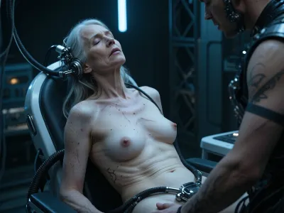 60-year-old German woman, beautiful mature woman, old skin, real body, white skin, stretch marks, thin but with stomach rolls, elegant granny, flaccidity, cellulite, small very sagging breasts, detailed face, 3/4 body view, hyperrealistic photo, full hd, 8K, (masterpiece, top quality, best quality:1.2), a man in a sci-fi cybernetic experiment, sitting in a futuristic medical chair, head tilted back with eyes closed, wires and cables connected to his head and body, cyberpunk aesthetic, dark moody atmosphere, cold blue and grey color palette, volumetric lighting, cinematic lighting, dramatic shadows, highly detailed skin texture, intricate mechanical wires, depth of field, sharp focus on face, photorealistic, 8k resolution, sci-fi movie scene, futuristic technology, dark industrial background.