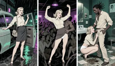 This is is a detailed monochromatic pencil drawing in a classical illustrative style depicts a scene set in 1960s, chaotic nightclub night. Same young woman in all panels, 18 yo, identical face and body, elegant blonde ponystyle hairstyle, in blouse and a flattened skirt, shoes, handbag as recurring object. Left panel, night rain, open taxi door, wet asphalt reflecting green and purple lights, she looks alive and excited, spontaneous start of the night, Center panel, Exactly the same woman, deep inside a dark, crowded club, mosh pit-like energy, tightly packed bodies, almost no free space, she is not posing or isolated, torso leaning forward into the rhythm, arms thrown high in wild motion, head moving, the hem of the skirt is pulled up showing white panties.A Caribbean man in a dance hugs and touches her.Right panel, nightclub bathroom, dark greenish light, scattered paper, wet floor, dirty sink, She's squatting down and licks the cock of Caribbean man, in open unbuttoned blouse and white panties, bare legs and butt, Caribbean man with a penis, 28 years old, long dreadlocks, dark skin, broad shoulders, light beige open linen shirt, unbuttoned pale linen trousers pulled down to his knees, with mocking face, his hand on her head, Raw, mocking, The overall mood is intense, rendered in fine, expressive line work and subtle shading, evoking the style of 1950s satirical or moralistic illustrations.