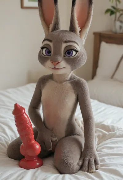 (Furry, Judy Hopps from "Zootopia":1.7), ((Disney)), rabbit, Judy Hopps holds knotted dildo, canine dildo, fox dildo, bed.