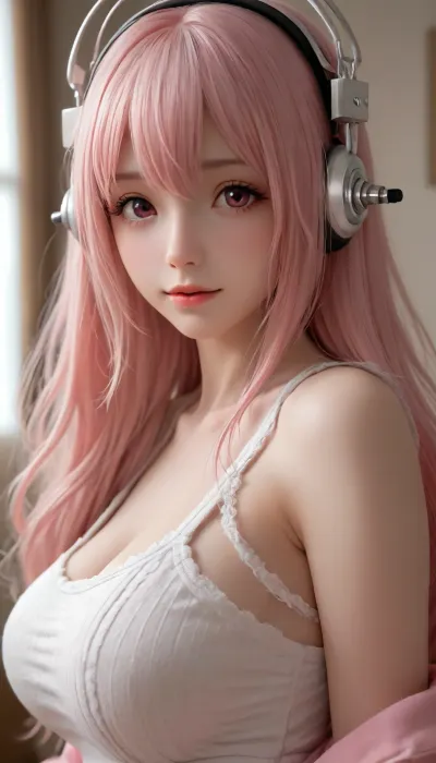 Tsuji Santa style, (Sonico from Sonicomi:1.4), Nitroplus, pink hair, upper body, half-side view, looking at viewer, (conical massive large breasts:1.2), open mouth smile