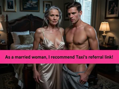 Create a photorealistic image of a traditional conservative bedroom, a separate caption area directly below the image, outside the actual image frame, do not place any text over the image, keep the picture fully unobstructed, in the caption area display one large clean clearly readable line in bright luminous hot pink with bold sharp typography, exact text, "As a married woman, I recommend Taxi's referral link!", the traditional conservative bedroom filled with framed family photographs, a large marital bed with thick pillows and a soft duvet, dim bedside lamps, drawn window blinds with only narrow beams of daylight entering, the room remains dark, warm, intimate and dramatically underexposed, the age contrast between the married couple and the lover must be immediately obvious, the wife is 60 years old, clearly and naturally aged, with gray hair, fine wrinkles, deeper facial lines, mature skin texture, slight age spots and realistic signs of aging on her face, neck, hands and body, she wears an elegant lightweight fabric negligee that looks like real soft silk or fine chiffon, never plastic, vinyl or glossy latex, the fabric is slightly damp from sweat and naturally clings in places while remaining soft, wrinkled and textile like, her gray hair is wet and disheveled with strands stuck to her forehead, temples and neck, her face flushed from exertion, her skin covered with a visible natural sheen of perspiration and small beads of sweat, beside her on the bed is her lover, 23 years old, strikingly youthful, muscular, athletic, tattooed, short blond hair, smooth firm skin, broad shoulders, defined chest and arms, his young powerful physique creating an unmistakable contrast with the visibly aged married couple, their consensual intimacy is energetic, breathless, lustful and uninhibited, messy bedding, tense muscles, flushed skin and sweat communicate prolonged physical intensity without looking staged, beside the bed her husband is also 60 years old and visibly aged, gray hair, receding hairline, short gray beard, lined face, soft sagging features and an unmistakably heavy overweight body, he wears loose gray sweatpants and a plain worn T shirt, his prominent belly presses against the shirt, the fabric bunches around his thick waist and soft torso and does little to conceal his unathletic build, he walks beside the bed while filming with his smartphone, the cold screen light illuminates his older face and hands, cinematic high contrast, very deep blacks, warm bedside light against cool phone light, realistic sweat, fabric texture, pores, wrinkles and age detail, subtle analog film grain, strong micro contrast, natural skin, no artificial plastic shine, Add a separate caption area directly below the image, do not place any text over the photograph, keep the picture completely unobstructed, display one large clean clearly readable line in bright luminous hot pink with bold shar