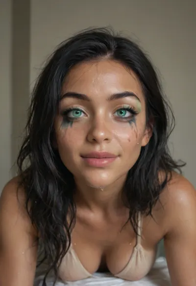 Midjourney, solo, (25 year old+preppy+tanned_skin+crossfit_body+light green eyes+long messy black hair+light makeup:1.5), (stunning+cute+tall+symmetrical+detailed+gorgeous face:1.1), (high_cheekbones+narrow_chin+broad_jaw+upturned_nose), full body view from below, deep perspective, perfect smile, prostrate, groveling, worshipping viewer, head down ass up, legs spread, energetic, eager to please, happy, (wet skin+sweat+dripping from face and body:1.5), (snatched waist, wide hips, perky medium breasts, hourglass figure, tan lines:1.3), (realistic skin, skin pores freckles moles blemishes wrinkles), (good girl, submissive, obedient, subservient, willing, eager, good sub, sub space, dominated, praised, praise_kink), 32k, taken with Canon, DSLR, professional photo, masterpiece, ultra_high_quality, ultra_realistic