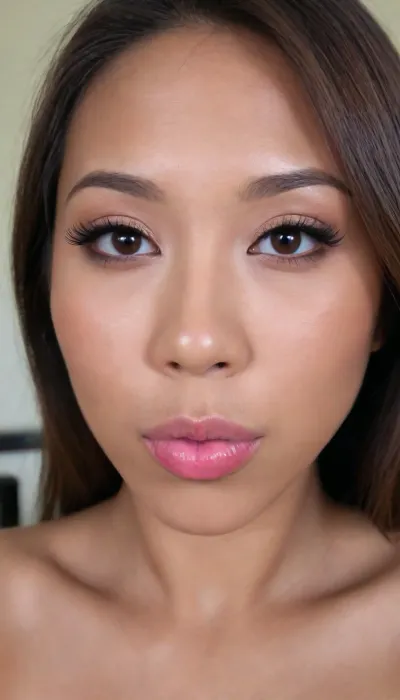 (portrait of a Pinay Filipina Asian:1.2), (tightly closed mouth, lips together:1.2), A Filipinas slut face and shoulders, (27 years old), (warm dark brown tanned skin:1.15), (softly overlined lips with muted rosy nude-pink lipstick, subtle mauve undertones, slightly deeper pink lip liner defining the edges:1.2), sheer translucent gloss layered over the lipstick, soft reflective highlights on the center of the lips, naturally full-looking lips, (medium-sized almond-shaped eyes:1.2), (slightly hooded eyes:1.15), (soft relaxed upper eyelids:1.15), (dark brown eyes), (natural softly defined eyebrows:1.15), (low natural eyebrow arch), (medium-width natural nose:1.15), (straight natural nose bridge:1.15), (moderately broad nose bridge), (softly rounded slightly bulbous nose tip:1.2), (naturally wider nostrils:1.15), (subtle nasal width:1.15), (nose proportionate to the face:1.2), (soft natural nose shape), (softly defined jawline), (slightly strong lower jaw), (full rounded cheeks:1.15), (soft oval face:1.2), (slightly elongated oval face), (natural facial asymmetry:1.15), natural facial proportions, (looking straight at camera:1.1), closed lips, (face portrait), (frontal shot), realistic skin texture