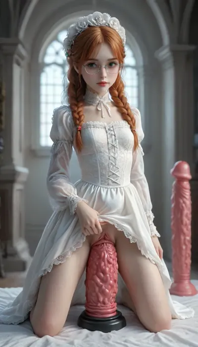 SnowStyle, high quality fantasy art of a beautiful adorable super cute girl fairy made of red snow, glowing within, kawaii, mature, (old milf:.2), adorable, ginger, glasses, big ass, flexible, spreading legs, arched back upwards, goth, 30 year old, very long hair, (belly bulge:1.1), flat tits, (skinny:1.2), ginger heir, is kneeling twine, (((Giant pussy BlackDildo))), Largest dildo possible, huge pussy toy, hyper extreme dildo wider than her thigh, pussy dildo, Biggest dildo imaginable, show full body in view, mw01out, victorian, dress, <lora:SDXLFestiveSnow:.1>, <lora:Medieval_Worlds_Specialxlb:.8>, <lora:victorian_dress-XL-2.0:.8>, <lora:detailed_notrigger:.8>, <lora:Elven_Style_V1:.8>
