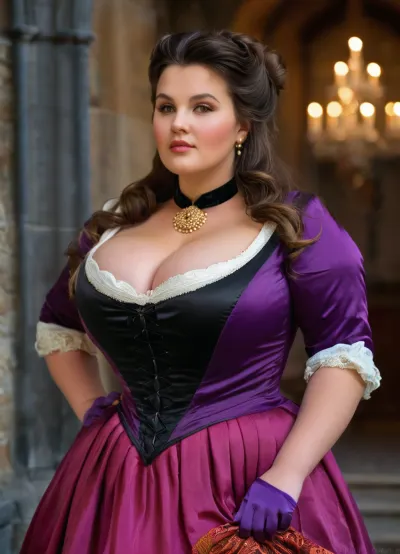 Close-up portrait, (fatty mature woman), The front of the skirt is raised up., ((complex high hairstyle)), (finely drawn facial features), ((slightly raised hem of the dress)), ((fat folds in the hips and pelvis)), (ginormuous huge fat cleavage:1.3), .wearing a 18th century dress, holding a fan in her hand, LIFT, UP, DRESS, CURTSEY, FROM, BELOW, rim light, in a castle, embroidery, intricate details, taffeta, silk, black lace, photography, 4K, 8K, cinematic in sthe style of barry lindon, (obese:1.1), bokeh, romantic, aamars, long, hair, black, tiara, earrings, red, choker, sailor, collar, purple, bowtie, white, shirt, elbow, gloves, pleated, skirt, bare, legs, large, boobs, huge, tits, plump, skindentation, chubby, bbw, venus, body, big, breasts, ass, <lora:rococo:.3>, <lora:sailor_mars_animaginexl_v1:.8>, <lora:bombshell_v2:.9>, <lora:style_lora_realis:.8>, <lora:Chubby BBW - XL:.4>