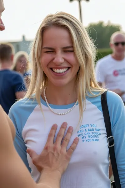 A young woman with blonde hair, smiling broadly with eyes squinted shut, wearing a light blue and white raglan t-shirt with the text "SORRY YOU HAD A BAD DAY YOU CAN TOUCH MY BOOBS IF YOU WANT" printed on the front, and a pearl-beaded necklace. A man’s hand is placed on her chest, gently touching her breast. A black shoulder bag strap is visible on her right side.

Outdoor setting with blurred figures in the background, suggesting a casual gathering or festival.

Bright, natural daylight, casting soft shadows.

Medium shot, eye-level angle, capturing the woman from the chest up, with a shallow depth of field to keep her in sharp focus.

Candid, joyful, and playful mood, with a clear, high-resolution, photorealistic aesthetic. Shot on a Canon EOS R5 with an RF 50mm f/1.2L USM lens, f/2.8, ISO 100, 1/500s.