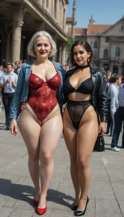 (Back view, from behind), (photo of beautiful old granny 2females:1.1), plump 2supermodels outdoor in the living public bus station, bbw, cellulite, (crowd of people), 60 years old young adult milf, platinum blonde middle long wavy hair, blue eyes, red lipstick, choker, (wearing tight white sheer office blouse and floral black crotchless leggings, denim jacket:1.4), (crotchless floral red-n-black floral pants:1.3), (wedgie panties:1.2), (black nylon tutu:1.4), (one elegant bag:1.3), (red and black leather belts:1.5), perfect 5 fingers, lace gloves, deep cleavage, (wide hips:1.2), (big labia cameltoe:1.3), (gaping vagina:1.15), (oiled glossyshiny skin:1.3), (hourglass body), full body view, natural sagging medium tits, big areolas, (natural sagging medium breasts:1.3), extra_wide_hips, Slightly body, (arch back chest thrust out), (legs wide open standing), standing walking in living public, best quality, ultra-detailed, masterpiece, finely detail, highres, 8k wallpaper, thick athletic sharp, textured skin, perfect body, gorgeous face, beautiful face, hard light, realistic photo, full-length photo, (high detailed skin), 8k uhd, dslr, high quality, detailed skin texture, (highly detailed hair), (highly detailed face), highly detailed body, (realistic), insanely detailed, highest quality, ((far camera angle)), ((far viewing angle)), freckles, high resolution photography on a canon camera, see-through, leotard, shadow of lite smile, random sides view, back view, frontal view, outdoor, one leg stand on Bordüre, sharp contrast lighting, green, eyes, blue, brown, perfecteyes, <lora:PerfectEyesXL:2>, <lora:detailed_notrigger:2>