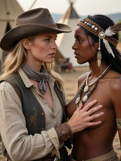 Photorealistic Wild West scene, intimate but calm moment between two women, medium close-up including upper bodies, cinematic natural lighting, shallow depth of field. A blonde, sun-kissed gunslinger and a dark skinned Indigenous American woman face each other in quiet connection, visible cozy fingertip strokes as she gently touches across her friend’s skin. The gunslinger has light skin, sun-tanned, Intense gaze, clear eyes, trusting and peaceful expression. She wears a weathered cowboy hat, a loosely tied neckerchief, a rough linen shirt with a few buttons open, and a worn vest, classic frontier clothing with realistic fabric texture. Her posture is relaxed and open. Opposite her stands the Indigenous woman with dark, rich skin tones, calm focused gaze. She wears a traditional headdress made of natural beads of varying sizes, real pearls, feathers, and a necklace crafted from bone beads, shells, and natural materials. Every element feels handcrafted and authentic. They gaze deeply and intensely into each other's eyes, The background is softly blurred, revealing tipis and the quiet life of a Native American village. Warm earth tones, gentle wind, dust in the air. The entire image radiates stillness, respect, and cultural contrast. Ultra-high resolution, photorealism, realistic skin pores, flawless hands and fingers, natural color grading, no modern elements, Ensure no flaws in the hands and fingers, and create a scene full of authenticity and connection, (maximum detail), (super realistic photo:1.4)