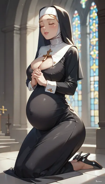 nun, 1girl, kneeling, remorseful look, head tilted down, eyes closed, pregnant, big ass, wide hips, large breasts, cleavage, praying, nun clothing, in church, ((priest touching nuns head))