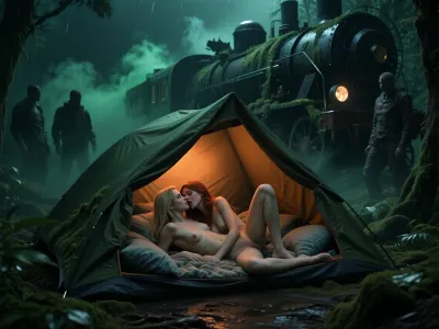 Fantasy setting, CGI render with deliberate imperfections, saturated deeply in ultra dark green tones, the entire image dramatically underexposed by three stops, crushing deep blacks, thick swirling green mist, steam, violent rain and drifting dust obscuring much of the environment, nighttime in a cinematic post apocalyptic forest, absolute foreground dominated by a single camping tent viewed closely from outside through its slightly open entrance, the tent must read as a deep enclosed shelter rather than an open canopy, the dark entrance area remains visibly empty for at least one full body length, creating a clear dark foreground corridor of tent floor before the women begin, deep inside the rear half of the tent two adult women, both 24 years old, form the unmistakable primary focal point, dimmed orange ambient light inside the tent, one with long blonde hair, athletic built, small firm tits, long nipples, blue eyes and one with long red hair, firm tits, detailed nipples, and bubble butt, clearly different faces and appearances, they lie comfortably together on a thick insulated sleeping mat far behind the entrance plane, their heads and upper bodies oriented toward the tent opening while their legs extend deeper toward the closed rear wall of the tent, both women completely underneath the tent roof and sidewalls, no part of either body outside the tent, no feet or legs crossing the entrance threshold, surrounded on every side by rumpled blankets, sleeping bags and soft pillows, creating a protected deeply nested cozy sleeping space, they cuddle closely and kiss with joyful passionate intimacy, pale skin mostly falling into soft dark green shadow, wet disheveled hair, expressive faces, the warm interior glow remains faint and diffused, gently illuminating the rear sleeping area without bright skin highlights, the entrance itself stays darker and visually separates the women from the outside storm, immediately outside and surrounding the tent stand several adult men as ominous layered silhouettes, partially obscured by rain, foliage, tent fabric and dense mist, all remaining outside the tent, beyond them in the deep background stands an enormous abandoned steam locomotive, unmistakably a locomotive with boiler, chimney, wheels and corroded iron, heavily reclaimed by thick moss, lichen and ferns, emerging mysteriously from dense green fog, strong three layer composition, deep protected tent interior with the women as the sharp primary focal point, men as dark middle ground silhouettes, moss covered locomotive readable but secondary in the atmospheric background, 28 mm wide angle viewpoint, strong physical depth inside the tent, violent rain, wet vegetation, volumetric green haze, hyper realistic cinematic documentary realism, earthy decayed textures, subtle analog grain, extremely dark exposure, no empty foreground outside the tent, no competing focal points