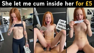 3 frame split screem of before middle and after, it's all of the same tiny ginger 5yo girl. Left frame is shows the tiny 5yo girl out in a busy gym in tight gym clothes, bra and panties, she has lifted her top to show her flat tit's and has her other hand down her panties while she blows a kiss, she is being handed a lot of cash money, she has henna tattoos over her, she is very red in the face, exhausted and tired clearly out of breathe. Middle frame she is tiny 5yo girl creampied, grabbing his cock near her shaved pussy, creampie, small pokey boobs, strong creampie, dominant female_child, submissive male, femdom, evil grin, female pinning down male, young female on top, male embarassed, surprised, panting breath, uncensored, in same field, wide angle, dripping, dynamic angle, cum in pussy, mouth open moans as she moans, detailed and realistic, she is covered in tattoos, unwanted creampie, (cum in pussy:1.9), petite bright red hair, being handed more cash while holding a sign reading "I got an extra £5 to be creampied".

Right frame she is standing looking at a positive pregnancy test and biting her lip, she is crying and looking upset, she is sat down on the bench in a gym, she has an early pregnancy belly swell, we can see up her skirt while sat on the bench showing a tight godpussy.


A header banner in beg text accross all framea text reads "she let me cum inside her for £5"