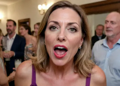 photorealistic, candid photo, taken with an iPhone15 Pro, of a 50-year-old MILF at a party having fun and flashing some of the guests, cum dripping from her mouth