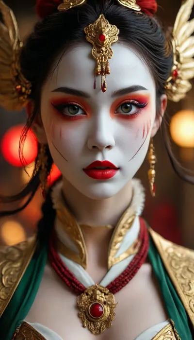 Atla, kyoshi warrior, suki, describe suki from avatar the last airbender when she is in full makeup. 200 word description Suki’s full warrior makeup in Avatar, The Last Airbender transforms her into a striking, fearsome extension of the legendary Avatar Kyoshi. Her entire face is painted in stark white, creating a porcelain, mask-like canvas that completely conceals her skin tone and gives her a statue-esque, intimidating presence.Her eyes are dramatically framed by bold, sharp eye makeup. Thick black liner contours her lids, extending outward into dramatic wings. Painted over her eyelids and arches is a vivid, crescent-shaped swatch of deep red shadow that stretches up toward her temples, making her gaze appear piercing and fierce. Her lips are painted a matching crimson red, sharply defined to contrast against the white base.Framing this intense visage is a heavy golden headdress that secures her brown hair. The ornate crown features a prominent, fan-like centerpiece over her forehead, flanked by delicate gold tassels that drape down past her ears. Her makeup creates a powerful visual harmony with her traditional green silk armor and dark fabric bindings, emphasizing her role as the disciplined, elite leader of the Kyoshi Warriors. bubble butt, toned ass, big ass, plump butt, juicy ass, large sagging breasts, seductive smile, vibrant sunset, full body view 8k, HDR, UHD, ultra detailed, RAW photo, shot on NIKON'S D850, F/1.8, shallow depth of field, sharp focus on the subject, ultra-detailed micro features, highly detailed textures, realistic skin tones, vibrant colors, cinematic composition, maximum detail, hyper-realistic rendering, professional photo quality., <lora:MJ52:.2>
