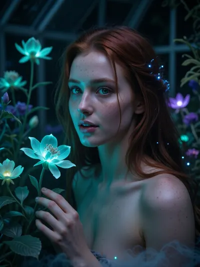 Ultra detailed depiction, extreme close-up composition, sharp focus on her face. A professional cinematic still of a beautiful fantasy redhead woman with pale skin, standing inside a dimly lit greenhouse filled with bioluminescent flowers. Her skin is smooth and cool-toned, with a faint natural sheen. Her eyes are a striking deep green, reflecting the soft glow of the plants around her. Her expression is calm and curious, a gentle smile on her lips as she looks toward one of the glowing flowers near her hand. Her dark hair falls loosely around her shoulders, catching small points of glowing light. Around her, the greenhouse is filled with fantastical flora, glowing flowers in shades of teal, violet, and soft green, casting gentle ambient light through the dim space. Wisps of soft mist drift low along the ground. The overall lighting is dark and moody, lit primarily by the glowing plants themselves, creating dramatic contrast between deep shadow and vivid glowing color. The color palette is dominated by deep blues, teals, and glowing violet accents. Shallow depth of field, soft bokeh background, over-detailed cinematic photography, masterpiece, epic detail, sharp facial details, photorealistic render.