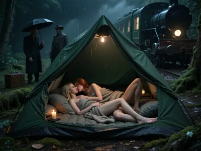 An extremely dark, photorealistic cinematic nighttime scene, underexposed by approximately three stops, dominated by crushing deep blacks, muted forest greens and dark moss tones, violent nighttime rain, dense black-green mist, absolutely no neon glow or supernatural illumination, viewpoint immediately outside the half open entrance of a large dark-green camping tent, looking along the full length of the tent toward its deep rear interior, the entrance itself occupies only the near foreground framing, both adult women are lying COMPLETELY INSIDE THE TENT, their entire bodies including heads, shoulders, arms, hips, legs and feet are well behind the entrance plane and protected beneath the tent roof, neither woman touches or overlaps the threshold, at least one full body length of sheltered tent interior surrounds them, their upper bodies and faces are oriented toward the entrance and therefore visible to the viewer, while their legs extend AWAY FROM THE VIEWER toward the deepest rear section of the tent, strong foreshortening clearly establishes this orientation, one woman is 24 years old with long blonde hair, the other 24 years old with long red hair, clearly different faces and appearances, they lie comfortably side by side on a thick insulated sleeping mat, surrounded by rumpled blankets, sleeping bags and soft pillows, partially tucked beneath a warm blanket, cuddling closely, gently kissing and embracing, completely relaxed, warm, dry, sheltered and unaware of the rain outside, the entire tent interior is softly filled with dim warm amber candlelight, flickering naturally across their faces, skin, bedding and dark-green canvas walls, one small candle stands safely on its own stable surface deeper inside beside them, the large dry interior behind and around their bodies remains clearly visible, outside the entrance begins an immediate boundary of cold rain and darkness, several REAL PEOPLE silently stand beyond the tent as near-black silhouettes with completely unreadable faces, faint outlines of a vintage umbrella, suitcase, long 1920s coat and hat, farther behind an enormous abandoned 1920s steam locomotive and passenger carriage emerge through rain and fog, rusty iron reclaimed by moss, lichen, vines and ferns, headlights completely extinguished, additional passengers descend as almost black silhouettes carrying luggage and umbrellas, strong depth composition, cozy sheltered women discovered first, shadowy people second, moss-covered train last, 35 mm viewpoint, deep perspective into the tent, extremely deep blacks, minimal exterior highlights, realistic rain, volumetric mist, subtle analog grain, haunting cinematic realism, profound contrast between the dry warm protected sanctuary deep inside the tent and the cold mysterious rain-soaked world outside.
