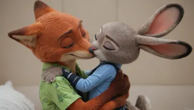 (Furry, Judy Hopps from "Zootopia":1.7), (Furry, Nick Wilde from "Zootopia":1.7), ((Disney)), kissing, cuddling.