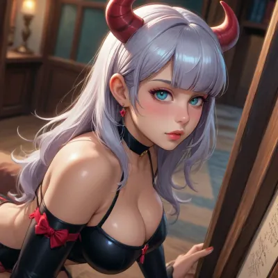 noelle from genshin impact dross style reiq close up side view from above of A tall athletic busty succubus from World of Warcraft