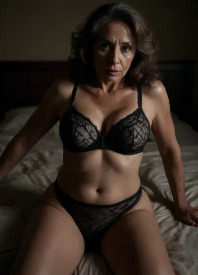 POV, (Location Beautiful Bedroom), (seductive background), (on bed), ((extremely elder ancient woman)), (short upper body), (black tight-high fishnet stockings with heart-pattern), (simple minimalist black lace bra with matching thong), (curvy), busty, (large breasts), (long brown hair), (old saggy mature skin:1.9), realistic mature skin, skin pores freckles moles blemishes wrinkles tan lines, hyperrealistic, candid, 8k, UHD, HDR, eye-catching, (full body), (full length shot), <lora:dark:.6>