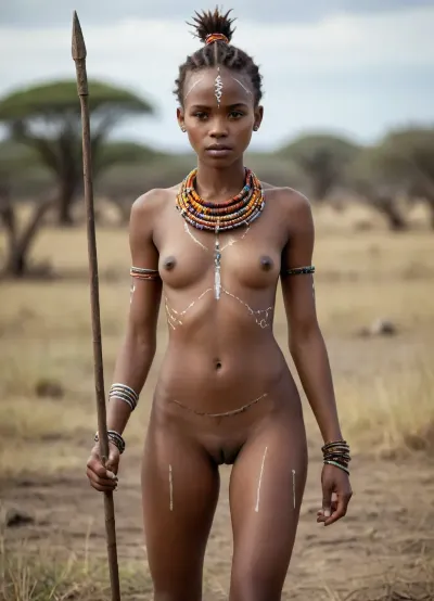 A stunning portrait of an incredibly slim, beautiful naked young African woman standing in the African savannah. She stands with her legs apart holding a spear in her hand. she is completely naked apart from colourful beads around her neck. her pussy is shaved., ((she has tribal markings on most of her body:1.2)), .