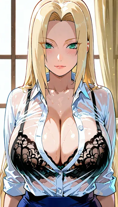 ino_yamanaka from naruto, white button-down shirt, (see black bra through the semi-sheer shirt:.7), half body view, <lora:add-detail-xl:1.2>, <lora:attractive_notrigger:1.2>, <lora:detailed_notrigger:1.2>, <lora:LCMTurboMix_Euler_A_fix:1.2>