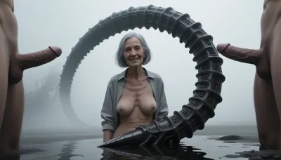 A full-body, head-to-toe. An elderly, innocent, topless, cheerful grandmother who's wearing a blouse, (an aged woman, 70 years old:1.8), . Her skin is that of a 70-year-old woman. The old lady has grey hair, (Small, long, and very saggy breasts:1.8), ((very detailed skin)), . Hair cut in a bob, surrounded by men's giant penises
A surreal, high-contrast digital art piece featuring a singular, organic, textured creature appendage or spine-like structure, reminiscent of H.R. Giger’s biomechanical aesthetic, arching downwards against a minimalist, misty background. The object is dark, gritty, and segmented, with a sharp, pointed tip extending towards the bottom center. The scene is bathed in a soft, ethereal, and hazy light, with a reflective, glossy surface at the base. The composition is stark and atmospheric, using a monochromatic color palette of grays, blacks, and soft whites, with deep shadows and subtle highlights that create a sense of mystery, isolation, and sci-fi horror. Cinematic lighting, smooth gradients, 8k resolution, mysterious atmosphere.