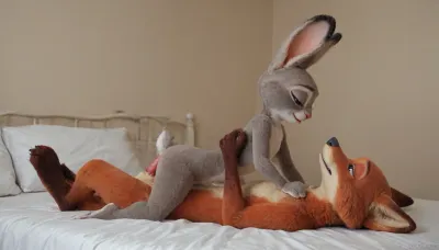 (Furry, Judy Hopps from "Zootopia":1.7), (Furry, Nick Wilde from "Zootopia":1.7), ((Disney)), canine penis Nick Wilde's, in pussy Judy Hopps, sex on the bed.