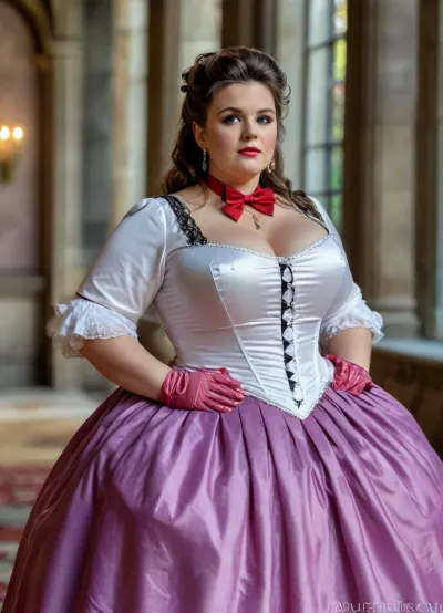 Close-up portrait, (fatty mature woman), The front of the skirt is raised up., ((complex high hairstyle)), (finely drawn facial features), ((slightly raised hem of the dress)), ((fat folds in the hips and pelvis)), (massive fat cleavage), .wearing a 18th century dress, holding a fan in her hand, LIFT, UP, DRESS, CURTSEY, FROM, BELOW, rim light, in a castle, embroidery, intricate details, taffeta, silk, black lace, photography, 4K, 8K, cinematic in sthe style of barry lindon, (obese:1.1), bokeh, romantic, aamars, long, hair, black, tiara, earrings, red, choker, sailor, collar, purple, bowtie, white, shirt, elbow, gloves, pleated, skirt, bare, legs, large, boobs, huge, tits, plump, skindentation, chubby, bbw, venus, body, big, breasts, ass, <lora:rococo:.3>, <lora:sailor_mars_animaginexl_v1:.8>, <lora:bombshell_v2:.6>, <lora:style_lora_realis:.8>, <lora:Chubby BBW - XL:.4>