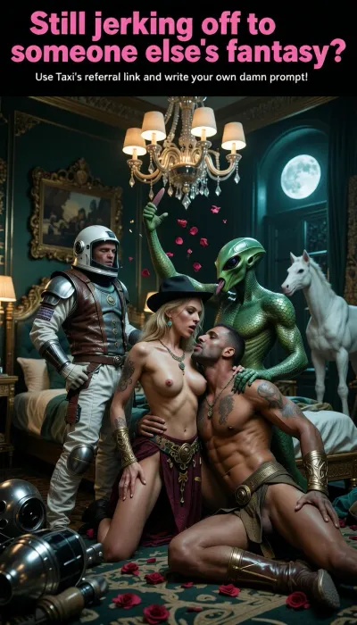 Fantasy setting, cgi Render with imperfections saturated deeply in ultra dark green colors Style, The scenario is enveloped in the deepest darkness imaginable, Technically the entire image is going to dark black while being underexposed by 3 stops, Create a wildly surreal, intensely sensual, photorealistic adult fantasy scene, premium cinematic photorealism, beneath the image add a clean black advertising band with large bold luminous hot-pink typography, exact text, "Still jerking off to someone else's fantasy? Use Taxi's referral link and write your own damn prompt!", extravagant and impossible enough to feel born entirely from one persons private imagination, inside a decadent retro 1970s luxury hotel suite transformed into an erotic dream world, one nude horny woman, 35 years old, highly detailed depicted, athletic, firm tits, long nipples, dominates the center, surrounded by an outrageous mismatched ensemble, a muscular astronaut wearing his helmet and partially opened upper spacesuit, a tattooed cowboy in hat and leather vest, a highly realistic Roman gladiator with powerful muscular physique, weathered face, authentic leather and metal armor, bracers and battle-worn details, a pale vampire aristocrat, an exceptionally muscular African man with commanding masculine presence, glistening skin, an elaborate traditional-inspired loincloth and handcrafted jewelry, and a tall extraterrestrial creature with glossy emerald-green reptilian scales covering its entire body, enormous expressive alien eyes, angular nonhuman facial anatomy and a long flexible lizard-like tongue extending from its mouth, the adult group caught in a chaotic orgy-like atmosphere of consensual sensual interaction, passionate kissing, embracing, intertwined bodies, provocative poses and uninhibited physical chemistry, flushed faces, heavy breathing, tousled hair, tense muscles and bodies visibly slick with perspiration, messy sheets and pillows spilling from the enormous bed, above them a realistic depicted gorilla hangs spectacularly by one arm from an ornate ceiling beam, observing the surreal chaos without participating sexually, a German Shepherd calmly wanders across the floor, entirely separate from the sensual interaction, rose petals float upward against gravity, champagne droplets remain suspended in midair like crystals, the chandelier grows enormous tropical flowers, candles bend impossibly toward the gathering, an enormous moon hangs unnaturally close outside the windows, a white horse calmly stands beside the bed, discarded astronaut equipment, cowboy boots and gladiator armor scattered across the carpet, cinematic 24 mm wide-angle viewpoint capturing the entire surreal ensemble from floor to ceiling, ultra low-key lighting, saturated crimson, amber and magenta highlights, extremely deep blacks, volumetric haze, realistic perspiration, pores, wet hair, fabric, scales, metal and jewelry, strong micro-contrast, subtle analog grain