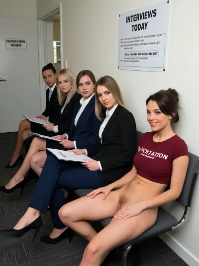 A group of young businesswomen sitting in a waiting area. Five Seats arranged in a row along a wall. At the end of the row of seats is a door with a sign on it saying “INTERVIEW ROOM”. on the wall is a big notice saying “INTERVIEWS TODAY”.
The first three and the fifth seat are occupied by professional looking ladies in their 20s and 30s. Smart hairstyles of different colours. All wearing smart dark but different shades of business-wear, jackets, starched blouses, knee length skirts or trousers. All clutching folders marked “RESUME”. All looking with disdain at the occupant of the fourth chair. In the fourth chair we see, ((((29yo anorexic Russian wife with very small flat puny saggy soft petite micro-breasts:1.8)), ((messy brunette hair)), (((flat chest like Keira Knightley and Natalie Portman:1.8))))), ((wide areola)), extremely short microskirt, no panties, NO JACKET, legs parted and hairy pussy visible., ((used, gaping sloppy pussy:1.5)), She is grinning while looking at viewer., (7/8 front view eye level far end of room), low cut burgundy crop top text reads “ DICKTATION EXPERIENCE “ White text box “Hmm . I wonder who will get the job?”
