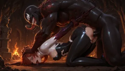Gwen with Symbiote & Red symbiote sex.
Gwen is a tiny 15 ye4rold te3n, very cute tiny petite small tits, cute tiny petite fit ass, very fit petite tiny curvy body, torn and scratched clothes, face looks scared and bruised from a struggle, crying in pain, hands held behind her back by symbiote.
Red symbiote is a red version of symbiote, on his knees, has his dick out, full erection, facing Gwen.
Symbiote is the black version of spiderman, dominant, large muscles, dark and evil looking.
Gwen is on all fours sucking Red symbiote dick, hands held behind her back by symbiote.
Symbiote is fucking Gwen from behind, Gwen is sucking Red symbiote., ((in a dark cave with large fire place, statues of symbiotes near the walls, full side view, all characters are fully in picture, threesome sex, pussy fuck, dick suck, FMM)), <lora:Spider-Gwen:.8>, Symbiote, Suit, <lora:Symbiote Suit:.8>