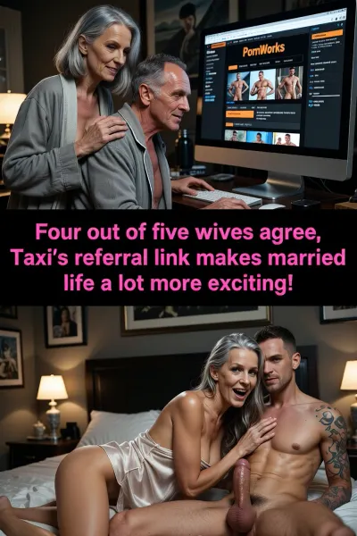Create a photorealistic horizontal split-screen image with two equal halves, plus a separate caption area directly below the complete image, outside both panels, displaying in large bold luminous hot-pink typography the exact text, "Four out of five wives agree, Taxi’s referral link makes married life a lot more exciting!", Upper half, the same gray-haired wife, 60 years old, stands warmly beside her husband, 80 years old, gently resting one hand on his shoulder while he sits at a desktop computer, he is gaunt, He smiles mischievously, thin and frail, with hollow cheeks, sunken eyes, deeply lined pale skin and thinning gray hair, wearing pajamas beneath an old morning robe, the monitor is fully visible and exceptionally crisp, displaying a detailed black website interface with the exact title "PornWorks" prominently across the top in vivid orange lettering, beneath it several clearly separated thumbnails of attractive young adult muscular men, athletic, masculine and shirtless but non-explicit, realistic screen glow illuminating the elderly couple, Lower half, the identical woman appears while having sex with her young Lover, in the same conservative bedroom with framed family photographs, large marital bed, dim bedside lamps and deep warm shadows, her gray hair is damp and disheveled, she moans happily and horny, she is on all fours, She has uncut curly pubic hair, She is riding her lover‘s penis, she is clearly and naturally aged, with gray hair, fine wrinkles, deeper facial lines, mature skin texture, slight age spots and realistic signs of aging on her face, neck, hands and body, she wears an elegant lightweight fabric negligee that looks like real soft silk or fine chiffon, the fabric is slightly damp from sweat, remaining soft, wrinkled and textile like, her gray hair is wet and disheveled with strands stuck to her forehead, temples and neck, her face flushed from exertion, her skin covered with a visible natural sheen of perspiration and small beads of sweat, she has sex on bed with her lover, 23 years old, full body view, he has a huge veined penis, he is strikingly youthful, he is muscular and tattooed, with short blond hair, smooth firm skin, broad shoulders, defined chest and arms, his young powerful physique creating an unmistakable contrast with the visibly aged married woman, while, he moans loudly, he enjoys powerful dynamic rough sex with the matured woman, She moans with unbridled lust, their consensual intimacy is energetic, breathless, lustful and uninhibited, messy bedding, tense muscles, flushed skin and sweat communicate prolonged physical intensity sex, cinematic high contrast, very deep blacks, warm bedside light against cool phone light, fabric texture, wrinkles and age detail, subtle analog film grain, strong micro contrast, natural skin