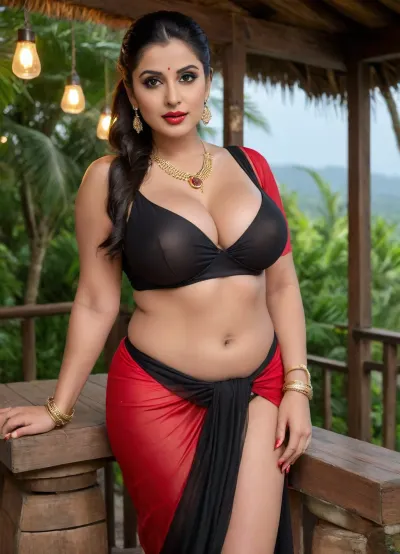 busty voluptuous Punjabi milf, short height, chubby face, petite waist, thick ass, glamorous luxury milf, huge perfect round breasts, round face, dark slick hair, hair bun, glossy red shiny lips, plunging necklace with small pendant, jewellery, bangles, sheer transparent black saree, milky white skin tone, fair skin, (wood cabin, tropical island:1.1), oil lamp, dark night, large, breasts, big, boobs, huge, tits, <lora:bombshell_v2:.8>, c4thyh34v3n, <lora:Cathy_Heavenv2:.8>