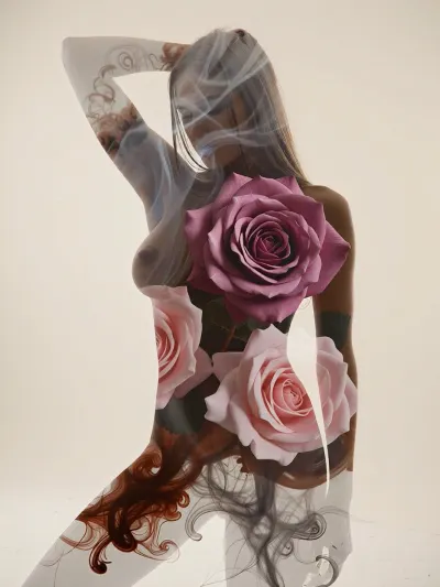 A photograph depicting a beautiful woman in a double exposure style, set against a solid off-white or cream background. The female figure is shown from the knees up, with her arm raised and hand resting behind her head, creating an elegant, curvaceous pose that highlights the torso, bust, and waist. The interior of the silhouette is filled with a rich, ethereal image of blooming pink roses and swirling atmospheric elements that resemble ink diffusing in water. The floral elements include lush roses in shades of deep mauve, dusty rose, soft blush, and pale pink, layered with wisps of grey, brownish-red, and white smoke that create a dreamy, textured depth.