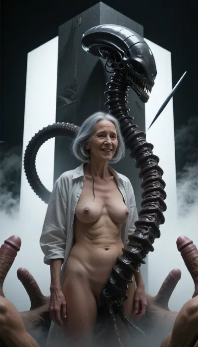 A full-body, head-to-toe. An elderly, innocent, topless, cheerful grandmother who's wearing a blouse, (an aged woman, 70 years old:1.8), . Her skin is that of a 70-year-old woman. The old lady has grey hair, (Small, long, and very saggy breasts:1.8), ((very detailed skin)), . Hair cut in a bob, surrounded by men's giant penises
surreal digital art, a tall, segmented alien-like spine or skeletal tentacle curving gracefully, textured dark organic material, tapering to a sharp, needle-like point, dark silhouette against a stark, high-contrast background, geometric rectangular monolith behind the object, atmospheric misty fog, soft white light diffusing from the bottom, clean minimalist composition, H.R. Giger inspired biomechanical aesthetic, eerie and enigmatic, cinematic lighting, sharp focus, 8k resolution, highly detailed texture.