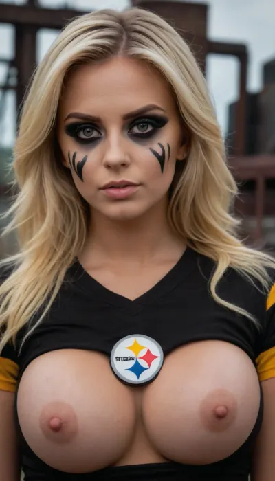 Ultra realistic picture blonde bimbo Instagram model. Very beautiful. She's wearing Only a Pittsburg Steelers jersey. Behind her in the distance are steel mills and western Pennsylvania scenery. She is dirty and has black football eye paint under her eyes., large, breasts, big, boobs, huge, tits, <lora:bombshell_v2:2>