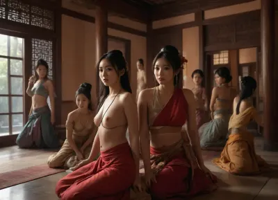 I having fun in an ancient asian harem with a lot of different asian girls, A realistic environmental scene showing with natural shadows and reflections