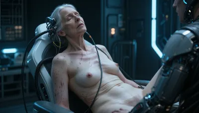60-year-old German woman, beautiful mature woman, old skin, real body, white skin, stretch marks, thin but with stomach rolls, elegant granny, flaccidity, cellulite, small very sagging breasts, detailed face, 3/4 body view, hyperrealistic photo, full hd, 8K, (masterpiece, top quality, best quality:1.2), a man in a sci-fi cybernetic experiment, sitting in a futuristic medical chair, head tilted back with eyes closed, wires and cables connected to his head and body, cyberpunk aesthetic, dark moody atmosphere, cold blue and grey color palette, volumetric lighting, cinematic lighting, dramatic shadows, highly detailed skin texture, intricate mechanical wires, depth of field, sharp focus on face, photorealistic, 8k resolution, sci-fi movie scene, futuristic technology, dark industrial background.