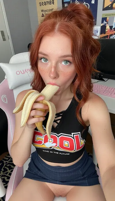 A young woman, 21yo, with striking red hair and freckles, seated in a gaming chair at a desk, is captured in a casual, selfie-style portrait, looking directly at the camera while eating a half peeled fat banana.

The composition is a close-up, centered on the woman, sucking cock, with the framing focusing on her upper body and face. The scene appears to be a personal bedroom, suggested by the gaming chair, desk, keyboard, and wall decorations. Elements are arranged to draw attention to the subject, with the background providing context without being distracting.

The key subject is a young woman with abundant, wavy red hair that is loosely tied back. She has fair skin adorned with numerous freckles across her nose and cheeks. Her eyes are a striking blue-green, and her expression is calm and direct, meeting the viewer's gaze. She is wearing a black, sleeveless crop top with a lace-up front. The top features a bold graphic design with the word "COOL" in large red letters, accented with yellow and white. Below this, smaller text reads "SAVE IN THE FUTURE." She also wears a dark very short micro skirt, pulled up, panties visible. Hairy ginger pussy.

The image is a photograph, likely taken with a smartphone in a selfie mode, given the perspective and framing. The technical execution is characteristic of amateur photography, with natural lighting and a focus on the subject. The style is contemporary and casual, reflecting personal aesthetics and potentially a connection to internet culture or gaming. The creative choice to include personal items like posters and gaming peripherals situates the subject within a recognizable modern environment.

The setting is an indoor space, appearing to be a room with light grey walls. Visible elements include a white and pink gaming chair with a prominent logo, a white desk, a pink keyboard, and a computer mouse. The wall behind the woman is decorated with several framed posters, one of which has text reading "Better Things Ahead." Other posters depict urban landscapes and possibly anime-inspired artwork. The lighting appears to be a combination of ambient room light and possibly light from a screen, casting a soft, even illumination on the subject without harsh shadows, contributing to a relaxed and intimate mood.