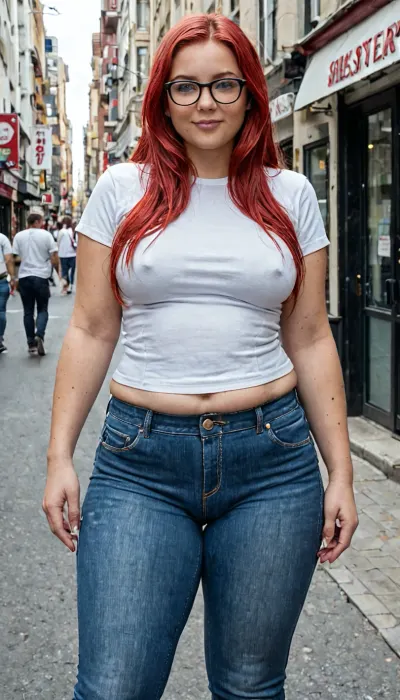A photograph depicting a beautiful woman, she is a Chubby 23 year old girl, red hair, wavey long hair, medium small chest, glasses, small cameltoe, fully clothed in jeans and a tee-shirt, set against large city street. The woman is from the waist up, day dreaming