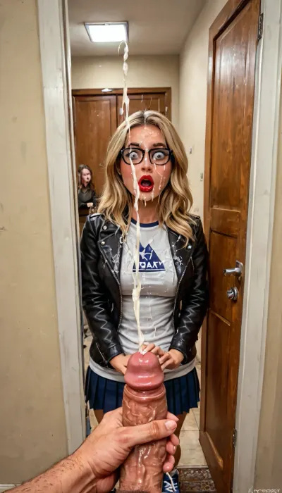 Realistic. man POV from below, (man standing in the room masturbating. Man holding his little penis in his own hands:1.2), full body view of a pretty female.
beautiful blonde female, wearing, black study glasses, a leather jacket with avshirt and leather pleated skirtb with sneakers, accidentally walks in to the room, (shocked female stands far away behind the doorway looking in:1.5), she is watching his penis from afar, (Man caught masturbaiting:1.4), ., hdr, (her eyes are watching at the penis:1.5), she is staring at the man’s smallest cock in amazement, (watching at the man’s enormously small dick:1.4), bright red lipstick, smokey blue eyeshadow, long eyelashes, black eyeliner, (((being watched from the doorway))), caught by woman, (massive ejaculation:1.7), (cum on clothes, cum on face, cum on boobs:1.2), (small little penis:1.2), (((the world's smallest penis))), very thin and short penis, precum leaking, femdom, detailed penis, humiliation, shaved, petite female, pov, supermodel girl
