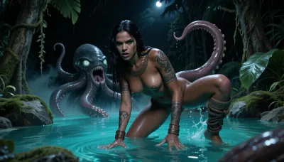 Masterpiece photorealistic cinematic nocturnal jungle horror photograph, preserve the exact visual mood and dramatic composition of the reference, extremely dark tropical jungle at midnight, profound saturated blacks surrounding a luminous crystal clear turquoise jungle pool, towering ancient trees, huge wet leaves, hanging lianas, moss covered rocks and trunks, humid mist drifting above the water, cold moonlight filtering through the canopy, a dark skinned tribal woman, 28 years old, athletic, powerful and battle experienced, dominates the immediate foreground, long soaking wet black hair, intricate tribal tattoos, exceptionally realistic wet skin, pores, droplets and muscular definition, fierce determined expression, she is fighting desperately but has been physically overwhelmed by the enormous octopus like predator emerging several meters behind her, keep the creature partially concealed by darkness and mist rather than brightly exposed, its eerie translucent pale eyes glow faintly from within, its threatening organic beak and mouthparts visible through shadow, the woman is caught in a chaotic asymmetrical position in the water, four exceptionally long thick muscular tentacles clearly originate from the monster and remain continuously visible all the way to her body, one tentacle tightly coils around each wrist and one tightly coils around each ankle, unmistakable powerful restraint at all four points, suction cups visibly gripping her wet skin, the creature pulls her wrists and ankles simultaneously in four conflicting directions, forcing her body into a strained diagonal extension while she twists and fights against the opposing forces, her hands cannot touch or support themselves on the water, her feet cannot find ground, her muscles strain desperately but she has almost no leverage left, additional tentacles from the same creature move around her through the water without appearing to emerge from her body, long continuous sections remain visible beneath the transparent turquoise surface through realistic refraction, violent splashes and bubbles concentrated around the captured wrists and ankles, foreground tentacles crossing close to the viewpoint create depth and danger, turquoise caustics illuminate only fragments of her body and the tentacles while most of the creature remains swallowed by blackness, razor sharp foreground detail, extreme micro contrast, deep dimensionality, volumetric mist, silver rim light, restrained analog grain, cinematic full frame 35 mm photography, primal threatening supernatural atmosphere, raw struggle, asymmetrical motion, haunting realism