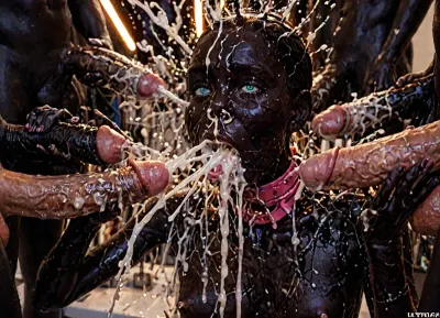 (ultra black skin:4), 20 yo African female, hard pressing massive tits with hands, Nipple and areola visible, maid outfit, kitchen, kneeling, lactation, milk spraying

realistic, ashamed facial expression, pain-distorted facial expression, medium breasts, pink leather corset, blue eyes, anal fuck, rough fuck, painfull fuck, wide pink slave collar, lots of cum on her face, lots of cum on her breasts, hair pulling, living room, leash, bdsm tied up, helpless, bondage, bdsm, pierced nipples, gangbang, (cum explosion from nose:1.64), (cum explosion from mouth:1.85), random sex scene, rapefantasy, Rating_explicit, (score_9, score_8_up, score_7_up, source_bdsmrape:1.12), close up, detailed and infocus face, masterpiece, (perfect lighting:1.4), (skinny:1.4), (ultra detailed face:1.4), (ultra high detailed outfit:1.4), 8k, (high resolution:1.4), (huge dick:2.8), (whip marks:1.5), (whipped tits:1.6), ring gag, (open mouth gag:1.55), (irrumatio:1.6), (6 identical triplet girls, exactly look alike same:1.3), ((analrape spitroast)), ((large cock in mouth:1.12)), (cum explosion from mouth:1.125), (source_bdsmrape:1.48), (hyper massive cock:1.2), of the beast is to big for her little mouth, impossible fit in mouth, looking up, (trying to fit in her mouth the massive cock:1.12), (Tears:2), (bukkake:1.12), (handjob:1.5), above view, cum in mouth, cum on forehead, cum on cheeks, porn photoshoot, (huge dick), (creamy deep deepthroat:1.12), (extreme oral sex:1.4), (huge massive white dick:1.4), (cum), (hands holding hair), (huge dick:1.4), (bukakke), (cum in face, cum on body), (covered in cum), (excessive cum:1.12), (cum on face), (cum on body), (Cum in hair), photorealistic cum, thin runny cum, thick chunky cum bukkake, unwanted bukkake, 4boys, 5boys, 6+boys, multiple black men, Transparent Liquid, orgy, penis, cum, cumbath, <lora:LCMTurboMix_Euler_A_fix:2>, <lora:sd_xl_turbo_lora_v1-64dim:2>, <lora:futureistic_fantasy_anime_sdxl_v1:2>, <lora:Incase_Style__SDXL:2>, <lora:3ll3f4nning:2>